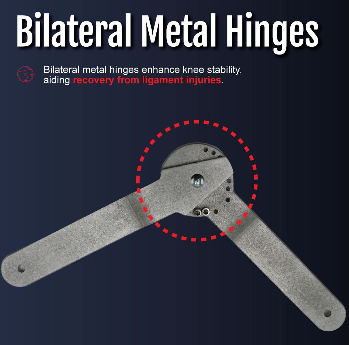 Close-up of bilateral metal hinges on active knee brace showing robust construction for stability, made in the USA, best.