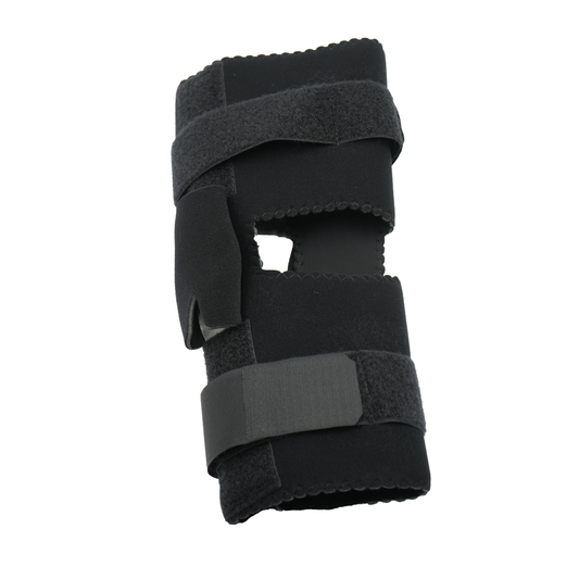 Black active knee brace with adjustable velcro straps, padded support, and range of motion hinge, made in the USA, best.