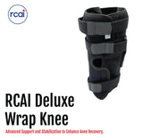 Black RCAI Deluxe Wrap Knee brace with multiple adjustable straps and reinforced support, made in the USA, top-quality B2B.
