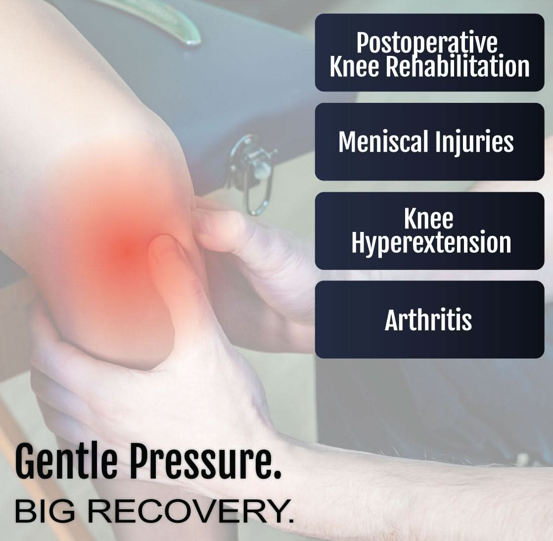 RCAI Deluxe Wrap Knee brace worn on leg, highlighting areas for postoperative knee rehab, meniscal injuries, hyperextension, .