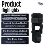 RCAI Deluxe Wrap Knee product highlights card with black orthopedic knee wrap featuring criss-cross posterior attachment,.