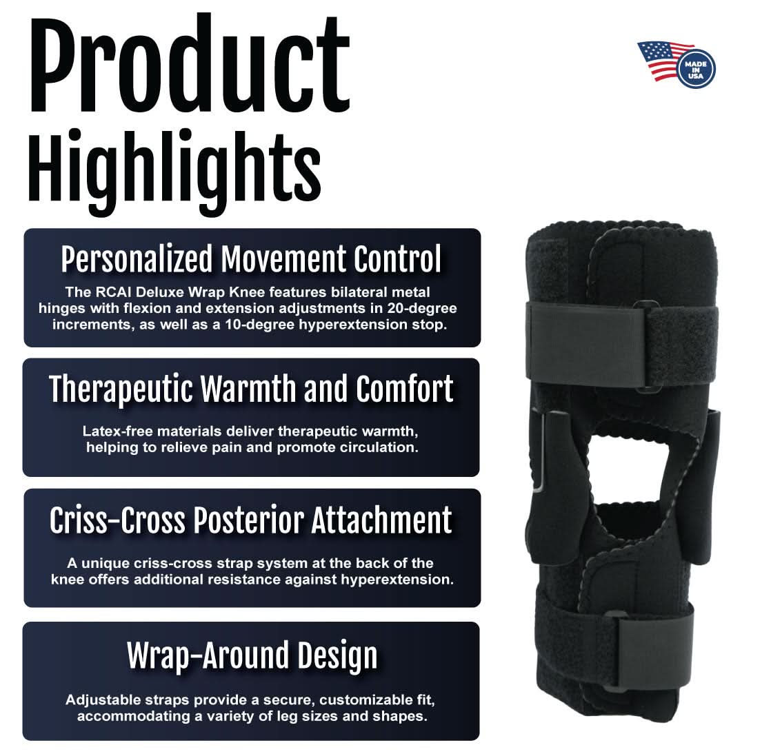 RCAI Deluxe Wrap Knee product highlights card with black orthopedic knee wrap featuring criss-cross posterior attachment,.