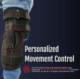 Black RCAI Deluxe Wrap Knee brace on a leg with adjustable straps and metal hinges, made in the USA, B2B orthopedics.