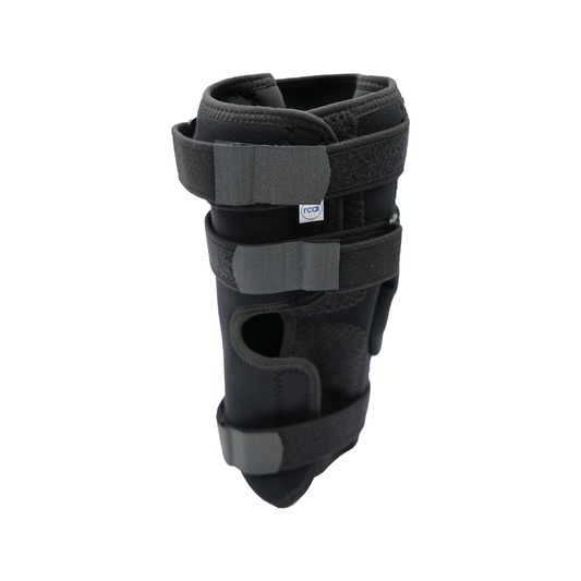 Black RCAI Deluxe Wrap Knee brace with adjustable Velcro straps and open patella, made in the USA, ideal for B2B orthopedics .