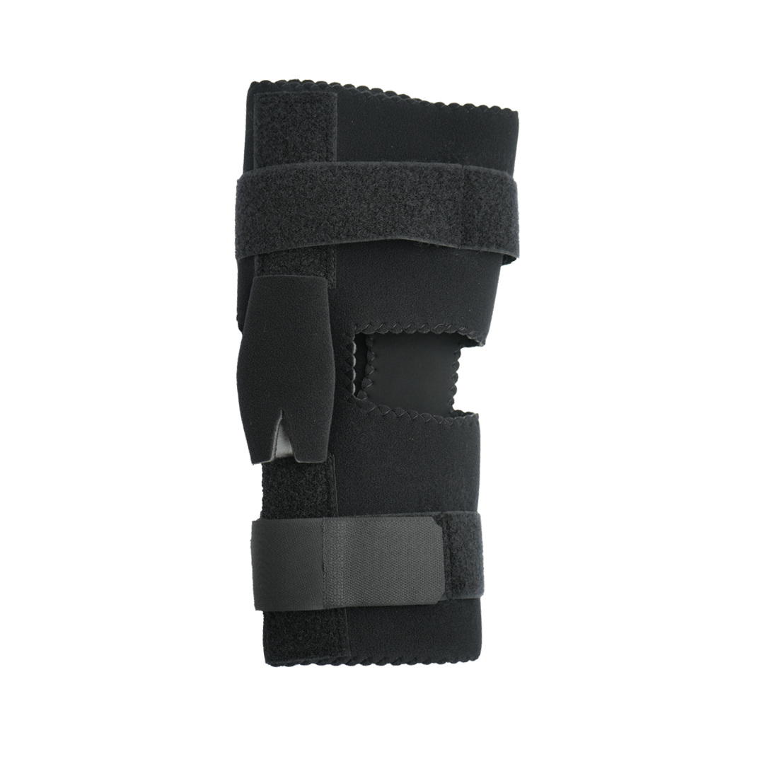 Black RCAI Deluxe Wrap Knee brace with adjustable hook-and-loop straps, made in the USA, top choice for B2B orthopedics.