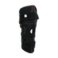 Black neoprene knee brace with orange stitching, adjustable Velcro straps, open patella design, made in the USA, RCAI logo.