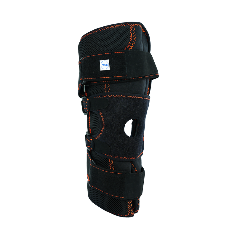 Black Lifestyle Osteoarthritis Brace with orange stitching, adjustable straps, open knee design, and RCAI label, made in the .