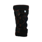 Black orthopedic knee brace with bright orange stitching, multiple adjustable straps, and padded support panels.