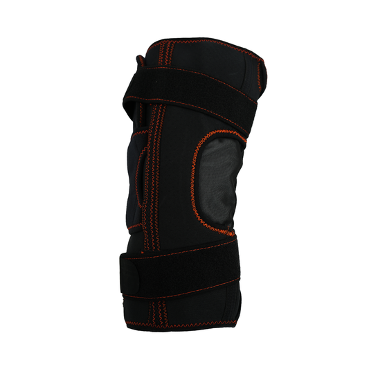 Black Lifestyle Osteoarthritis Brace with orange stitching, multiple adjustable straps, and breathable mesh panel, made in.