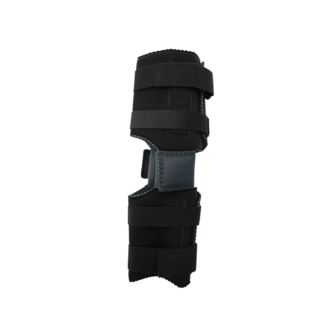 Black and gray knee brace with adjustable Velcro straps and rigid support panels for joint stabilization.