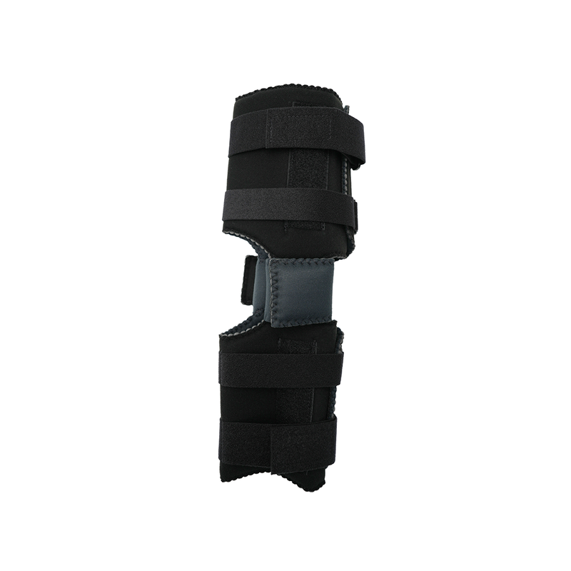 Black and gray knee brace with adjustable Velcro straps and rigid support panels for joint stabilization.
