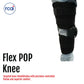 Black Flex POP Knee brace by RCAI with adjustable straps and hinges, worn on a bent leg for targeted joint support, made in.