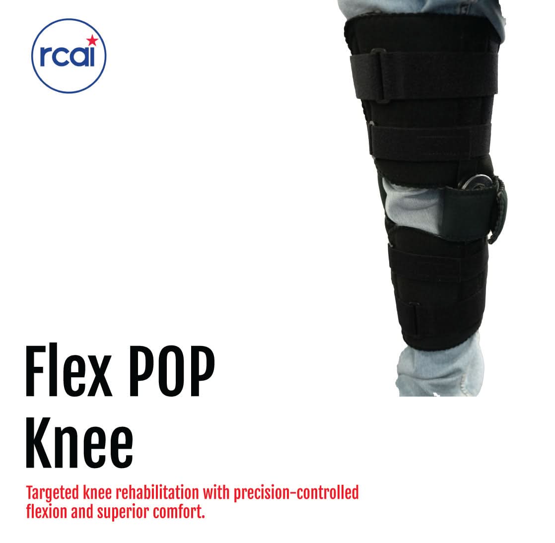 Black Flex POP Knee brace by RCAI with adjustable straps and hinges, worn on a bent leg for targeted joint support, made in.