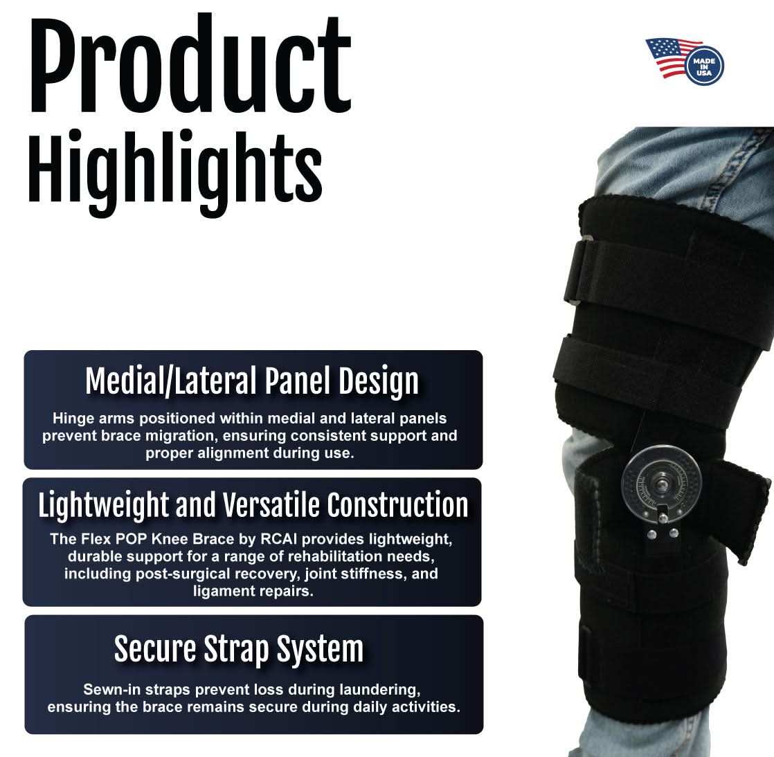 Flex POP Knee brace by RCAI with black medial/lateral panel design and secure strap system, made in the USA, durable.