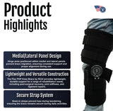 Black Flex POP Knee brace with medial/lateral panels and secure strap system, made in the USA, RCAI logo for b2b orthopedics .