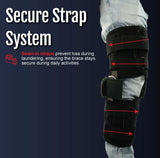 Black Flex POP Knee brace by RCAI on a bent leg, featuring four sewn-in adjustable straps with Velcro, highlighting secure.