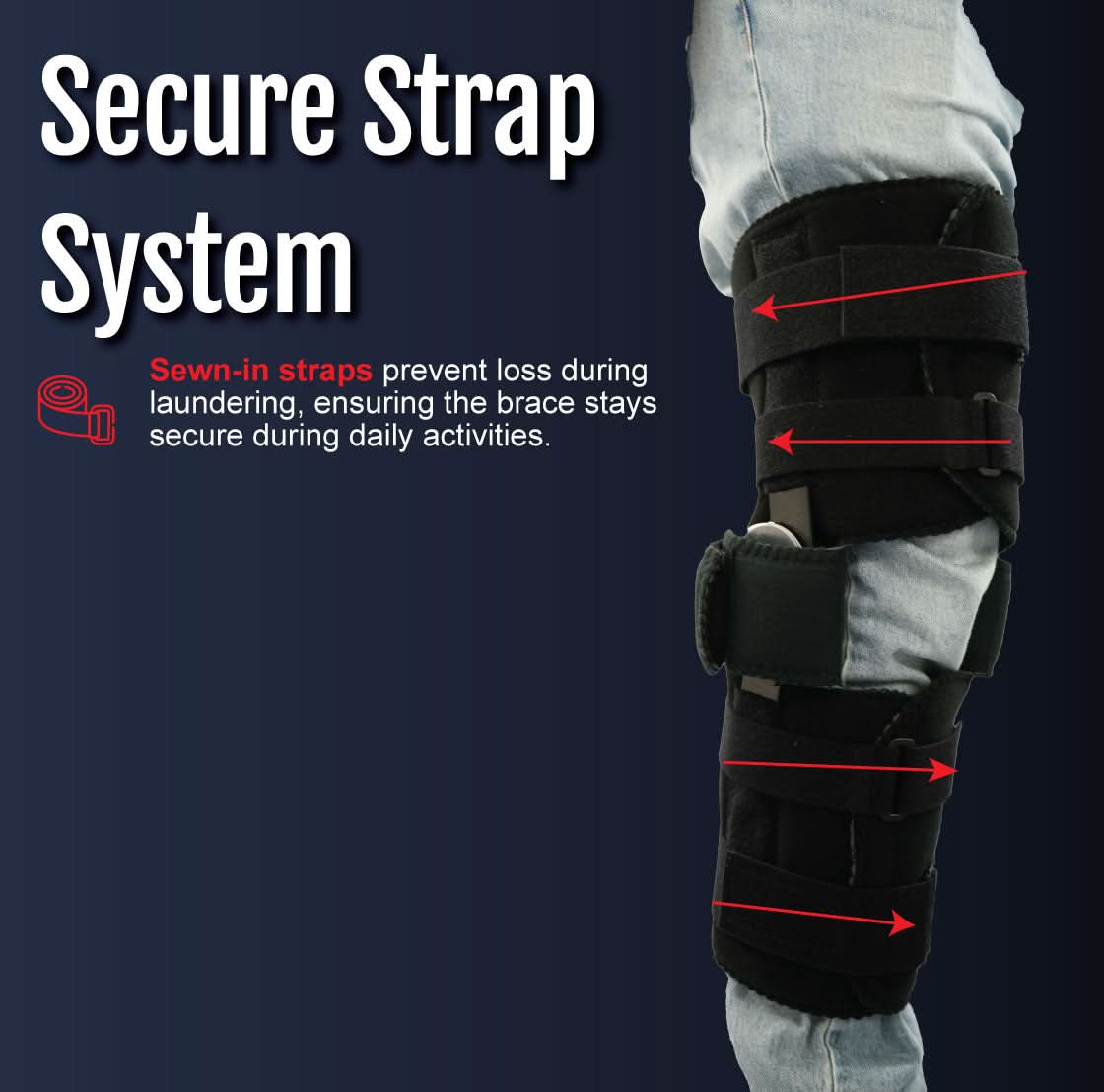 Black Flex POP Knee brace by RCAI on a bent leg, showing secure sewn-in strap system, made in the USA, b2b orthopedics.