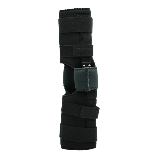 Black knee brace with multiple adjustable straps and cushioned support, labeled RCAI, made in the USA, designed for optimal.