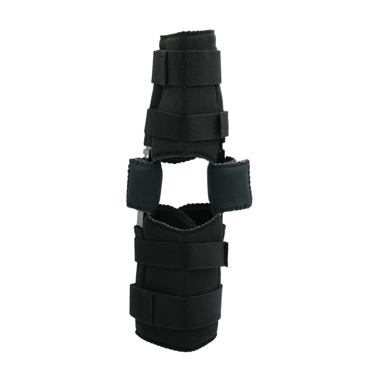 Black articulated knee brace with adjustable Velcro straps, designed for joint support, made in the USA by RCAI, featured in .