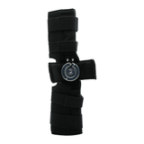 Black Flex POP Knee brace by RCAI with adjustable straps and a circular joint hinge, made in the USA, ideal for B2B.