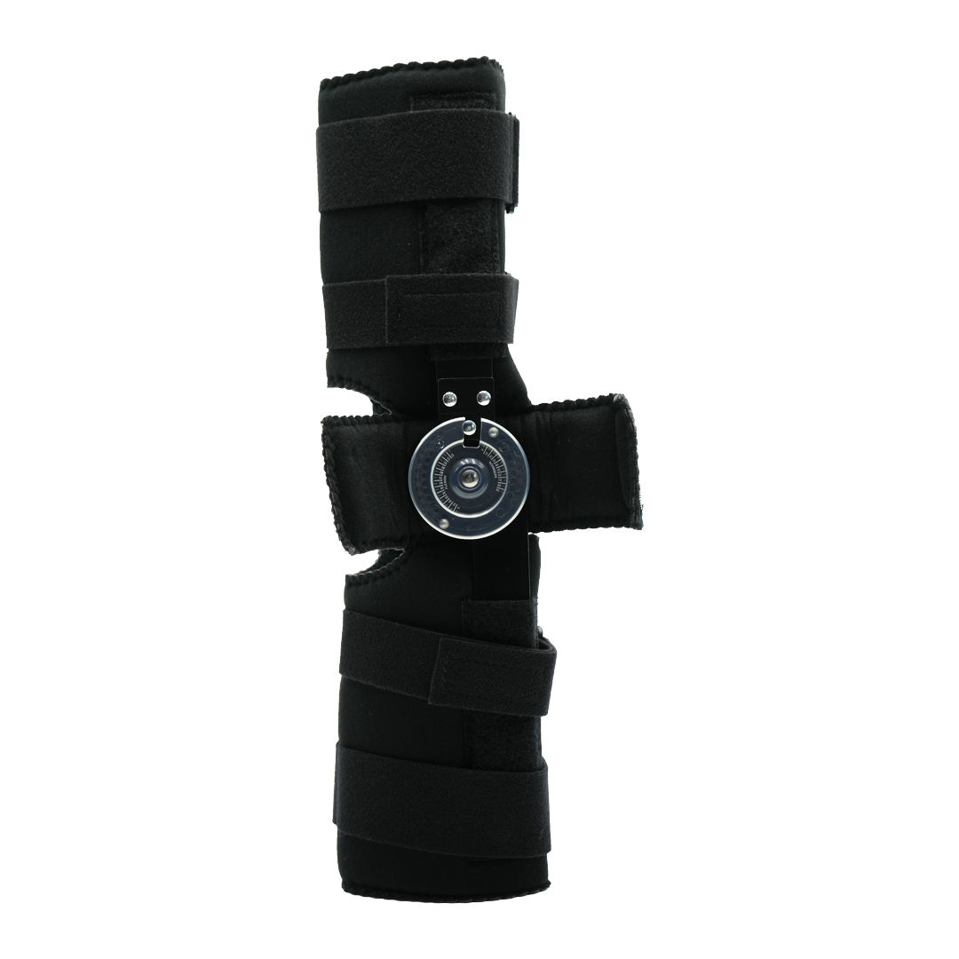 Black Flex POP Knee brace by RCAI with adjustable straps and a circular joint hinge, made in the USA, ideal for B2B.