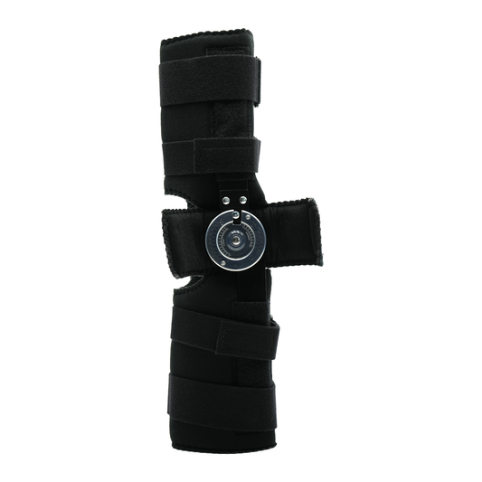 Black Flex POP Knee brace by RCAI with adjustable straps and circular support hinge, made in the USA, best orthopedic braces .