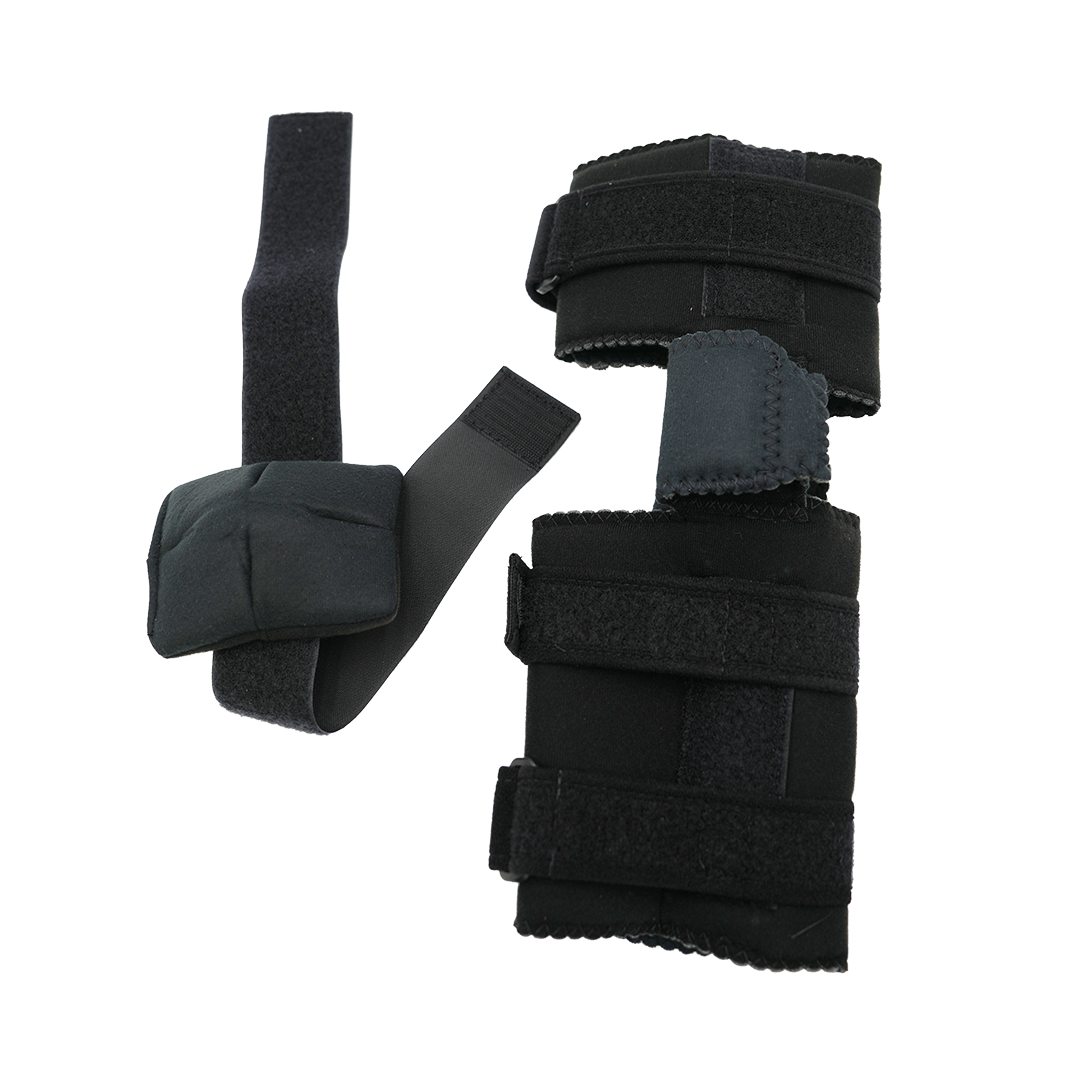Black padded elbow accessory kit with adjustable Velcro straps, designed for support and protection.
