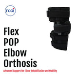 Black adjustable Flex Pop Elbow Orthosis brace with multiple velcro straps, designed for elbow support and mobility,.