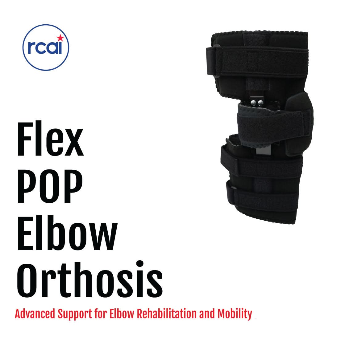 Black adjustable Flex Pop Elbow Orthosis brace with multiple velcro straps, designed for elbow support and mobility,.