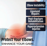 Person wearing a navy blue Flex Pop Elbow brace on bent arm, highlighting elbow support for instability and ligament repair, .