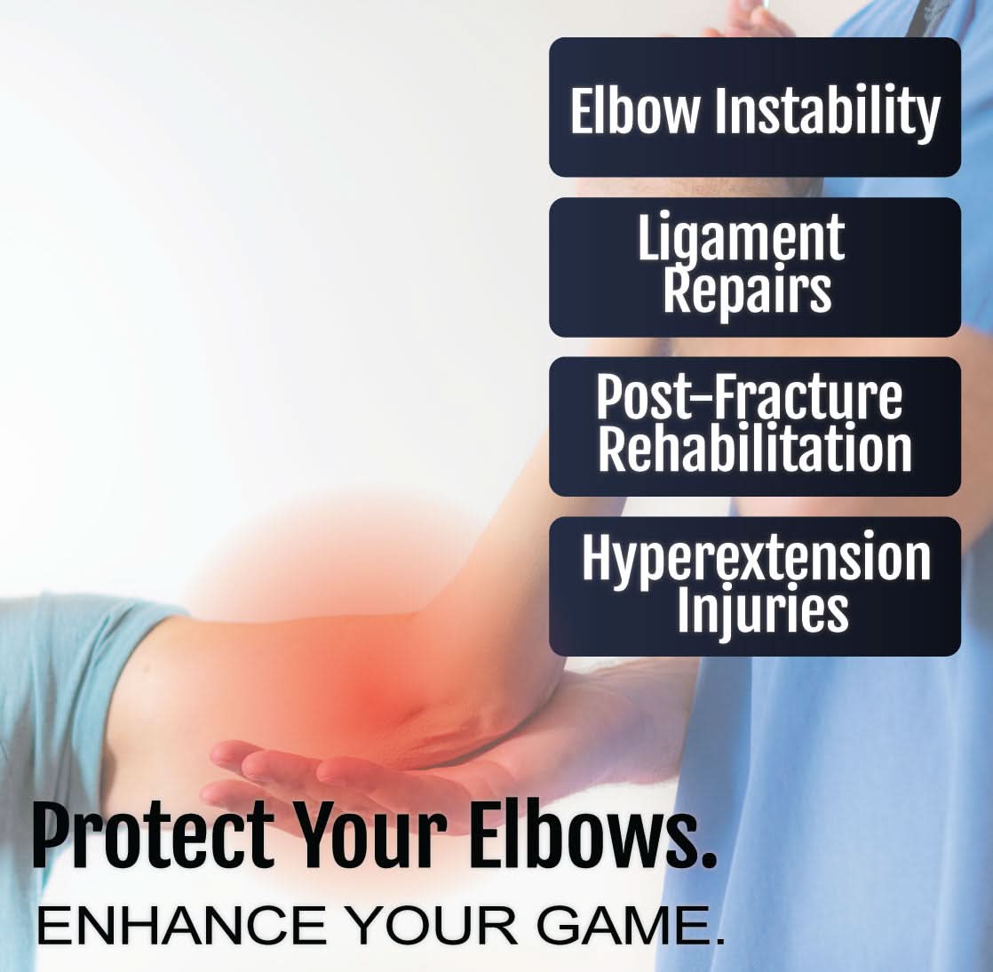 Person wearing a navy blue Flex Pop Elbow brace on bent arm, highlighting elbow support for instability and ligament repair, .