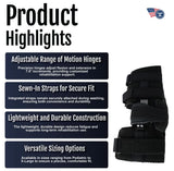 Black Flex Pop Elbow brace with adjustable hinges and sew-in straps for a secure fit, lightweight durable construction,.