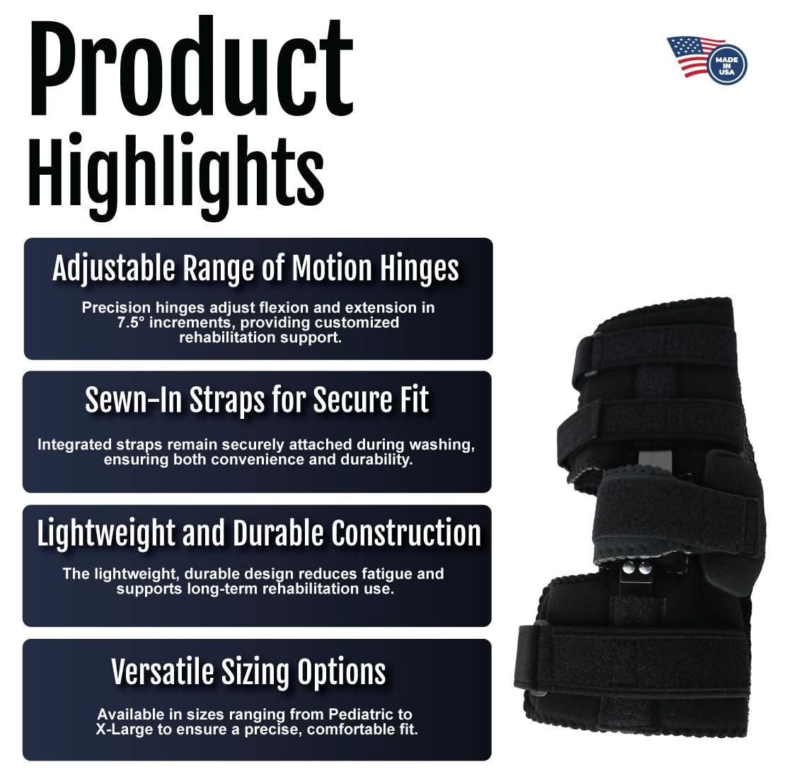Black Flex Pop Elbow brace with adjustable hinges and sew-in straps for a secure fit, lightweight durable construction,.