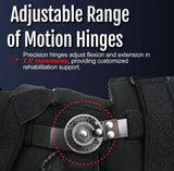 Close-up of black Flex Pop Elbow brace hinge showing adjustable metal range of motion hinge with 7.