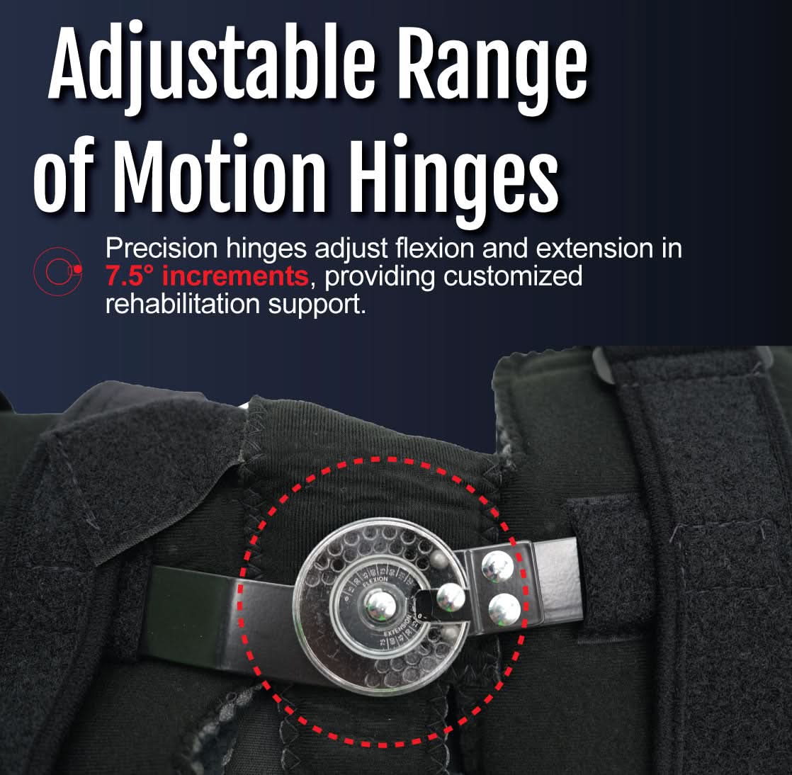 Close-up of black Flex Pop Elbow brace hinge showing adjustable metal range of motion hinge with 7.