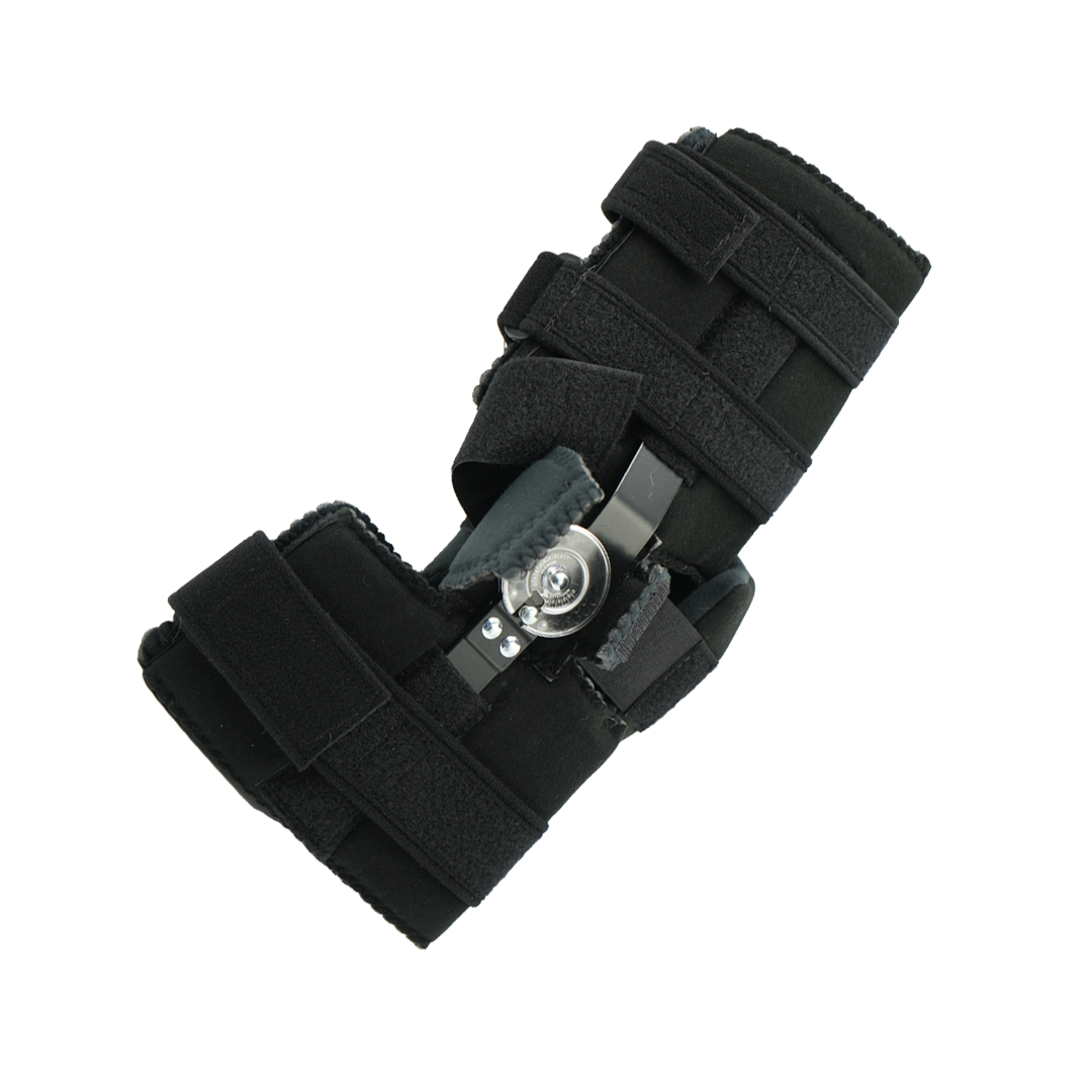 Black Flex Pop Elbow brace with adjustable Velcro straps and metal hinge, made in the USA, best orthopedic braces for b2b.