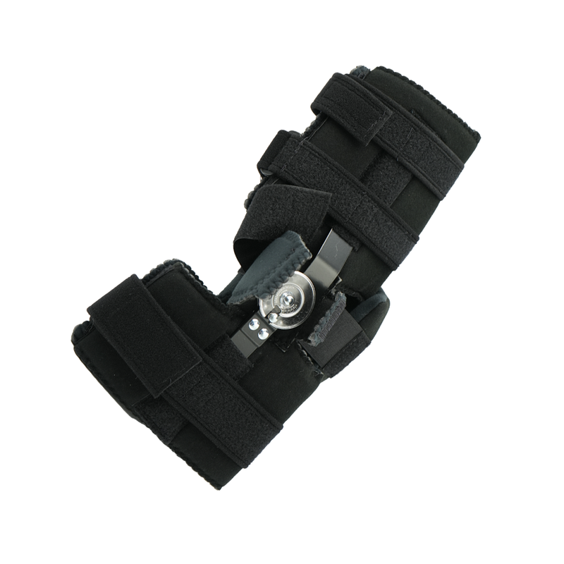 Black Flex Pop Elbow brace with adjustable straps and metallic hinge, made in the USA, best orthopedic braces for B2B.