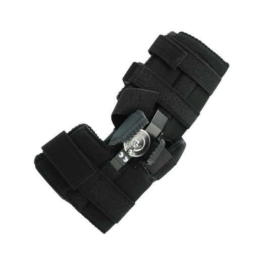 Black Flex Pop Elbow brace with adjustable straps and metal hinge, made in the USA, best orthopedic brace for B2B.