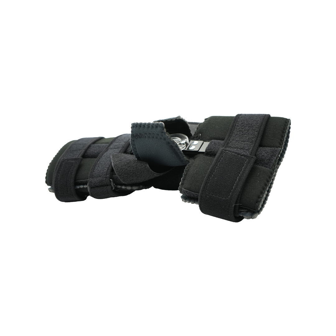 Black Flex Pop Elbow brace with adjustable straps and metal hinges, made in the USA, best orthopedic braces for B2B.