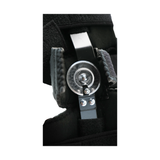 Close-up of black Flex Pop Elbow brace hinge mechanism with metal adjustment dial, made in the USA, best orthopaedic braces.