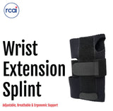 Black adjustable wrist extension splint with breathable material and ergonomic design, featuring two hook-and-loop straps.