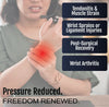 RCAI wrist extension splint on right wrist, breathable gray fabric with adjustable straps, worn by person with blurred.