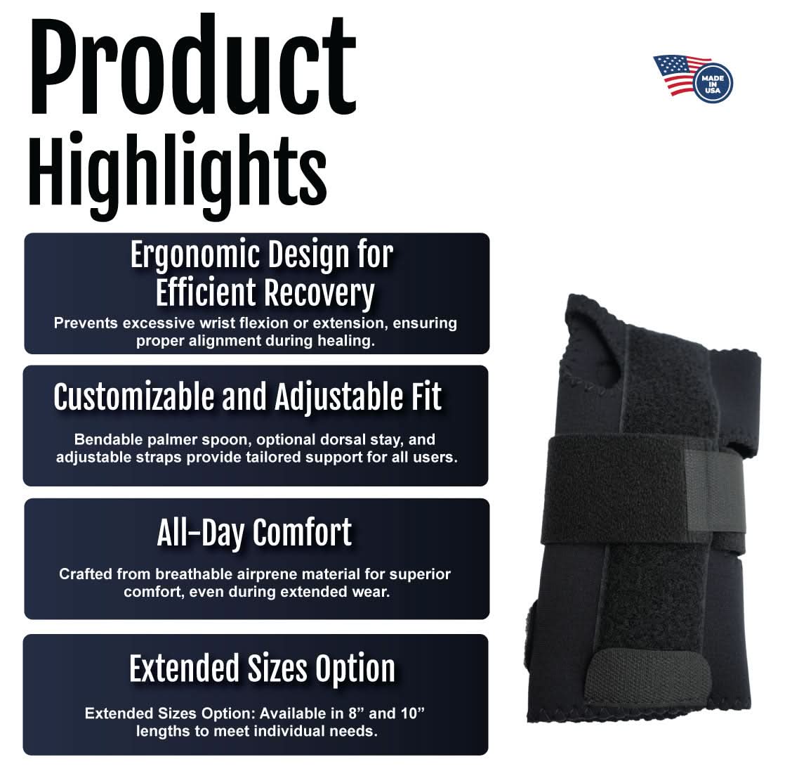 White and black ergonomic wrist extension splint with adjustable straps, breathable mesh material, made in the USA, RCAI,.