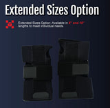 Pair of black adjustable RCAI wrist extension splints with wide velcro straps, labeled "Extended Sizes Option," highlighting .