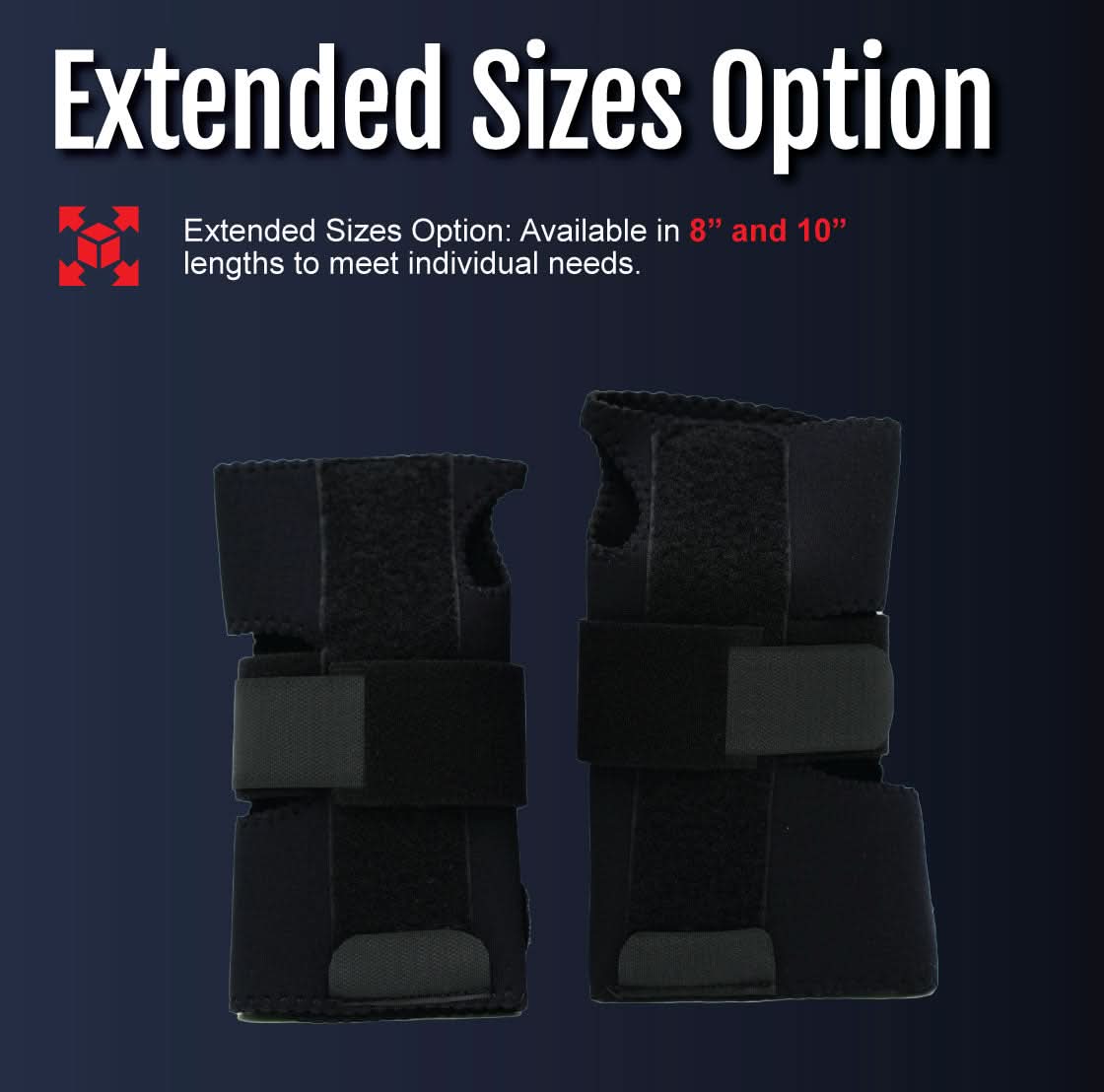Pair of black adjustable RCAI wrist extension splints with wide velcro straps, labeled "Extended Sizes Option," highlighting .