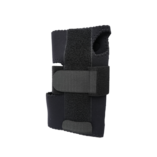 Black adjustable wrist extension splint with breathable padded fabric and secure Velcro straps, ergonomic design by RCAI,.