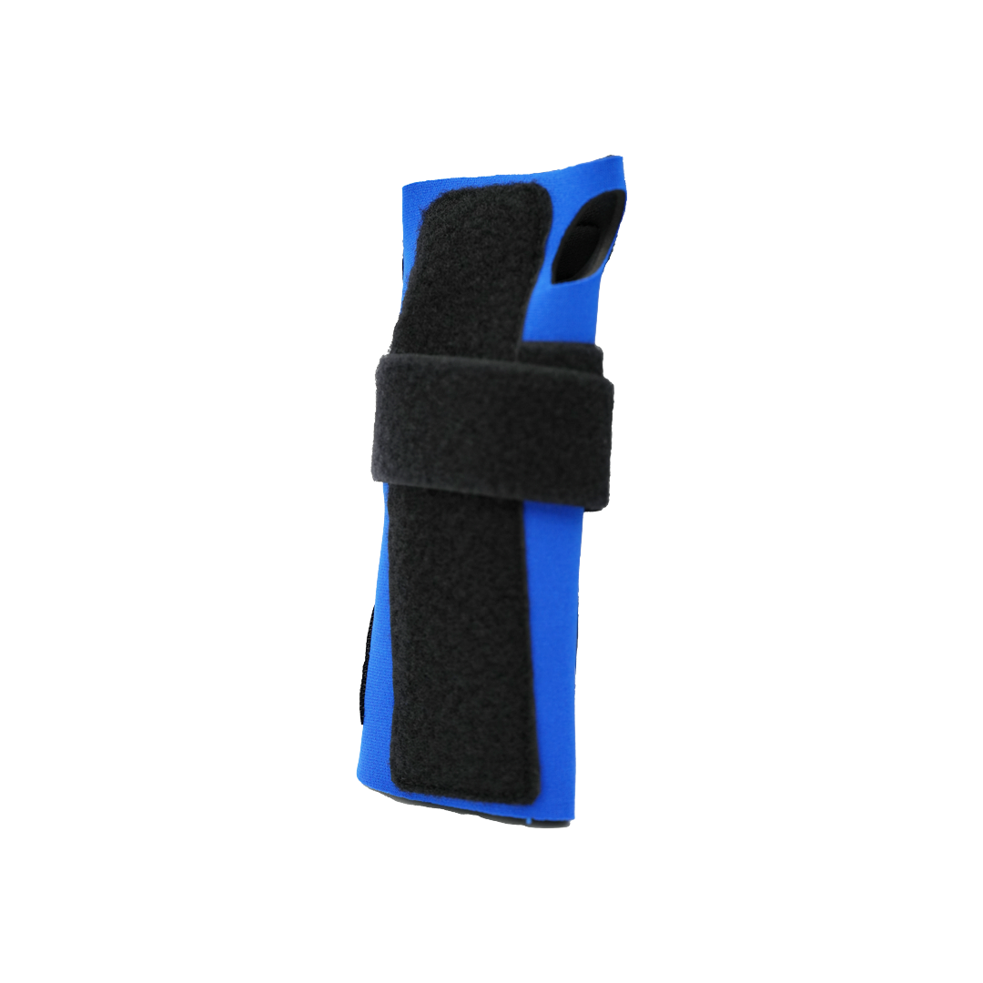 Blue wrist extension splint with black adjustable Velcro strap, made in the USA, best orthopedic braces by RCAI, ideal for.