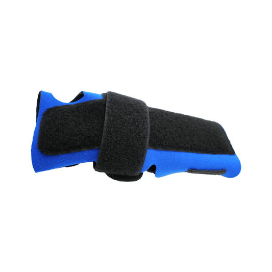 Blue and black wrist extension splint with adjustable black hook-and-loop strap, made in the USA, RCAI, B2B Orthopedics.