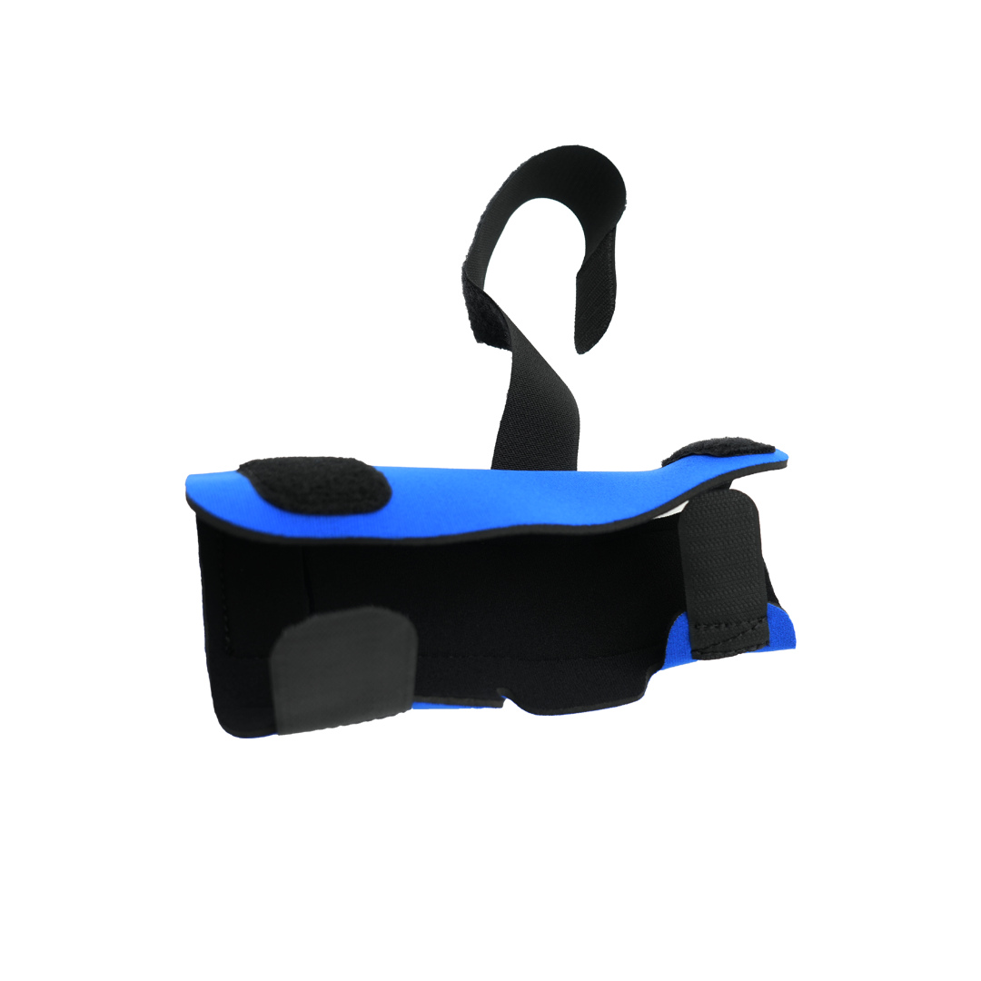 Black and blue wrist extension splint with extended length, adjustable hook-and-loop straps, made in the USA, RCAI, B2B.