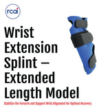 Blue wrist extension splint with three black adjustable straps for secure fit, made in the USA, RCAI logo, designed for.